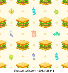 Seamless Pattern Abstract Elements Fast Food Sandwich With Leaves Vector Design Style Background Illustration Texture For Prints Textiles, Clothing, Gift Wrap, Wallpaper, Pastel