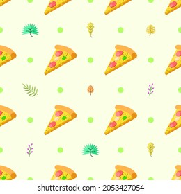 Seamless Pattern Abstract Elements Fast Food Pizza With Leaves Vector Design Style Background Illustration Texture For Prints Textiles, Clothing, Gift Wrap, Wallpaper, Pastel