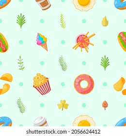 Seamless Pattern Abstract Elements Fast Food With Leaves Vector Design Style Background Illustration Texture For Prints Textiles, Clothing, Gift Wrap, Wallpaper, Pastel
