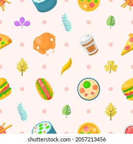 Seamless Pattern Abstract Elements Fast Food With Leaves Vector Design Style Background Illustration Texture For Prints Textiles, Clothing, Gift Wrap, Wallpaper, Pastel