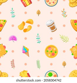 Seamless Pattern Abstract Elements Fast Food With Leaves Vector Design Style Background Illustration Texture For Prints Textiles, Clothing, Gift Wrap, Wallpaper, Pastel