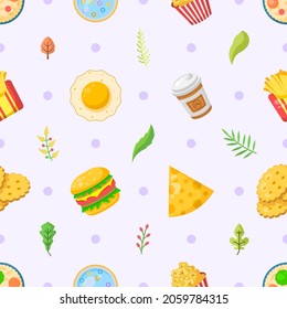 Seamless Pattern Abstract Elements Fast Food With Leaves Vector Design Style Background Illustration Texture For Prints Textiles, Clothing, Gift Wrap, Wallpaper, Pastel