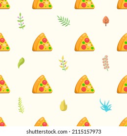 Seamless Pattern Abstract Elements Fast Food Pizza With Leaves Vector Design Style Background Illustration Texture For Prints Textiles, Clothing, Gift Wrap, Wallpaper, Pastel