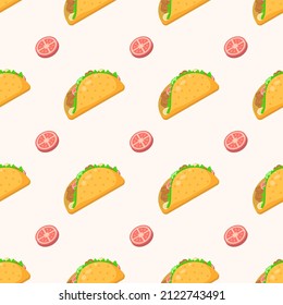 Seamless Pattern Abstract Elements Fast Food Tacos With Tomato Vector Design Style Background Illustration Texture For Prints Textiles, Clothing, Gift Wrap, Wallpaper, Pastel