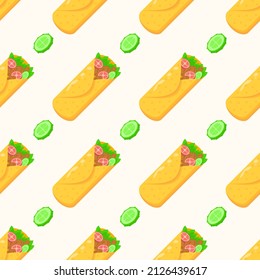 Seamless Pattern Abstract Elements Fast Food Burrito With Cucumber Vector Design Style Background Illustration Texture For Prints Textiles, Clothing, Gift Wrap, Wallpaper, Pastel