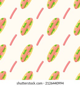 Seamless Pattern Abstract Elements Fast Food Hot Dog Vector Design Style Background Illustration Texture For Prints Textiles, Clothing, Gift Wrap, Wallpaper, Pastel