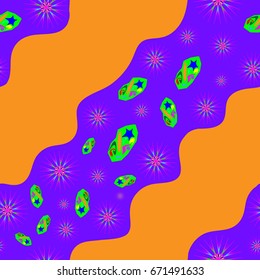 Seamless pattern with abstract elements and flowers. Items placement chaotic. Background is orange-violet.
