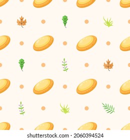 Seamless Pattern Abstract Elements Food Bread Cheesecake With Leaves Vector Design Style Background Illustration Texture For Prints Textiles, Clothing, Gift Wrap, Wallpaper, Pastel