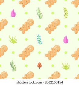 Seamless Pattern Abstract Elements Food Bread With Leaves Vector Design Style Background Illustration Texture For Prints Textiles, Clothing, Gift Wrap, Wallpaper, Pastel