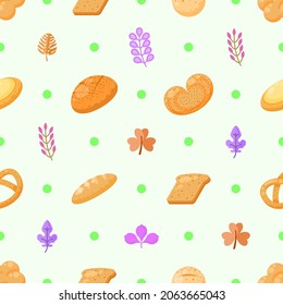 Seamless Pattern Abstract Elements Food Bread With Leaves Vector Design Style Background Illustration Texture For Prints Textiles, Clothing, Gift Wrap, Wallpaper, Pastel