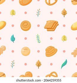 Seamless Pattern Abstract Elements Food Bread With Leaves Vector Design Style Background Illustration Texture For Prints Textiles, Clothing, Gift Wrap, Wallpaper, Pastel