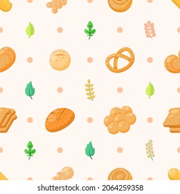 Seamless Pattern Abstract Elements Food Bread With Leaves Vector Design Style Background Illustration Texture For Prints Textiles, Clothing, Gift Wrap, Wallpaper, Pastel