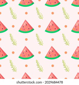 Seamless Pattern Abstract Elements Fruits Food Watermelon With Leaves Vector Design Style Background Illustration Texture For Prints Textiles, Clothing, Gift Wrap, Wallpaper, Pastel