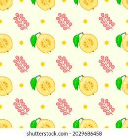 Seamless Pattern Abstract Elements Fruits Food Quince With Leaves Vector Design Style Background Illustration Texture For Prints Textiles, Clothing, Gift Wrap, Wallpaper, Pastel