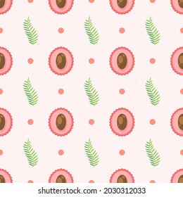 Seamless Pattern Abstract Elements Fruits Food Lychee With Leaves Vector Design Style Background Illustration Texture For Prints Textiles, Clothing, Gift Wrap, Wallpaper, Pastel