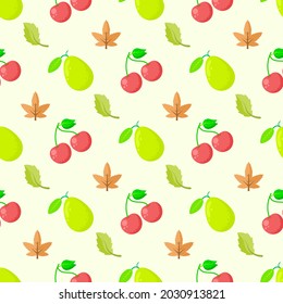 Seamless Pattern Abstract Elements Fruits Food Cherry And Pear With Leaves Vector Design Style Background Illustration Texture For Prints Textiles, Clothing, Gift Wrap, Wallpaper, Pastel