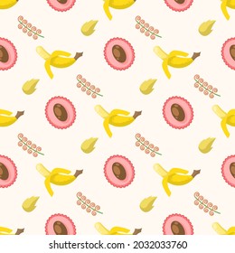 Seamless Pattern Abstract Elements Fruits Food Banana And Lychee With Leaves Vector Design Style Background Illustration Texture For Prints Textiles, Clothing, Gift Wrap, Wallpaper, Pastel