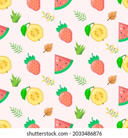 Seamless Pattern Abstract Elements Fruits Food With Leaves Vector Design Style Background Illustration Texture For Prints Textiles, Clothing, Gift Wrap, Wallpaper, Pastel