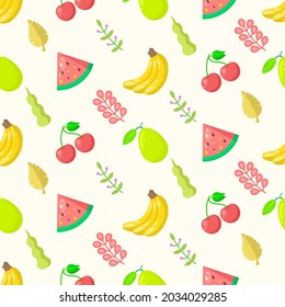 Seamless Pattern Abstract Elements Fruits Food With Leaves Vector Design Style Background Illustration Texture For Prints Textiles, Clothing, Gift Wrap, Wallpaper, Pastel