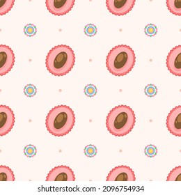 Seamless Pattern Abstract Elements Fruits Food Lychee With Flower Vector Design Style Background Illustration Texture For Prints Textiles, Clothing, Gift Wrap, Wallpaper, Pastel