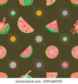 Seamless Pattern Abstract Elements Fruits Food Watermelon Vector Design Style Background Illustration Texture For Prints Textiles, Clothing, Gift Wrap, Wallpaper, Pastel