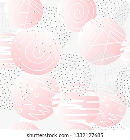 Seamless pattern, abstract  elements, gray and pink, hand drawn, vector illustration