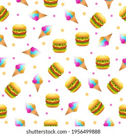 Seamless Pattern Abstract Elements Hamburger Cheeseburger And Ice Cream Fast Food Vector Design Style Background Illustration
