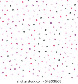 Seamless pattern of abstract elements and hearts. Transparent background.