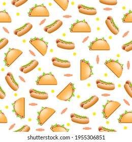 Seamless Pattern Abstract Elements Hot Dog And Tacos Fast Food Vector Design Style Background Illustration