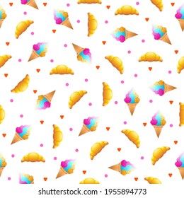 Seamless Pattern Abstract Elements Ice Cream And Croissant Food Vector Design Style Background Illustration