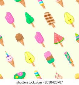 Seamless Pattern Abstract Elements Ice Cream Food Delicious Tasty Vector Design Style Background Illustration Texture For Prints Textiles, Clothing, Gift Wrap, Wallpaper, Pastel