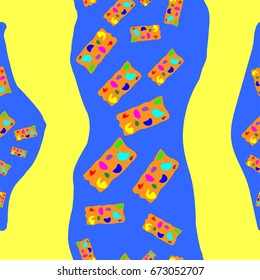 Seamless pattern with abstract elements. Items placement chaotic. Background is yellow-blue.