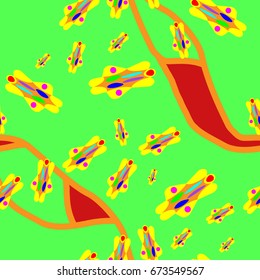 Seamless pattern with abstract elements. Items placement chaotic. Background is green-red-orange.