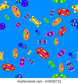 Seamless pattern with abstract elements. Items placement chaotic. Background is blue.