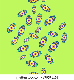 Seamless pattern with abstract elements. Items placement chaotic. Background is green.