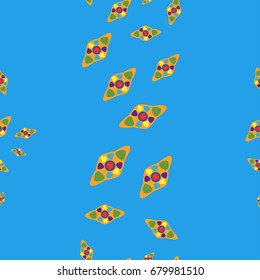 Seamless pattern with abstract elements. Items placement chaotic. Background is blue.