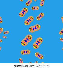 Seamless pattern with abstract elements. Items placement chaotic. Background is blue