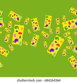 Seamless pattern with abstract elements. Items placement chaotic. Background is green.