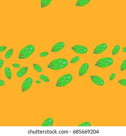 Seamless pattern with abstract elements. Items placement chaotic. Background is orange.