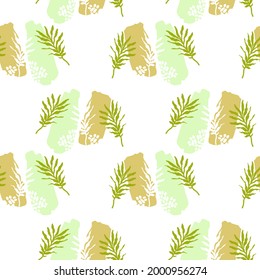 Seamless pattern with abstract elements and leaves. Colorful ornament items with Spring symbols. For printing wrapping paper, wallpaper, packaging, fabric. Hand Drawn vector illustration.