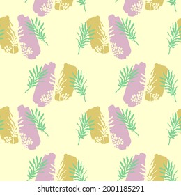 Seamless pattern with abstract elements and leaves. Colorful ornament items with Spring symbols. For printing wrapping paper, wallpaper, packaging, fabric. Hand Drawn vector illustration.