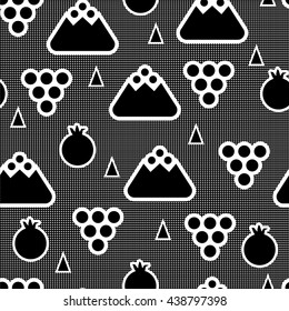 Seamless pattern with abstract elements looks like berries or raspberry, or grapes, or pomegranate, or flower. Striped background. Black and white.