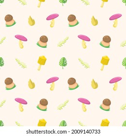 Seamless Pattern Abstract Elements Mushrooms Leaves Leaf Forest Vector Design Style Background Illustration Texture For Prints Textiles, Clothing, Gift Wrap, Wallpaper, Pastel