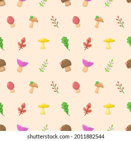 Seamless Pattern Abstract Elements Mushrooms Leaves Leaf Forest Vector Design Style Background Illustration Texture For Prints Textiles, Clothing, Gift Wrap, Wallpaper, Pastel