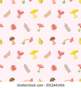 Seamless Pattern Abstract Elements Mushrooms Leaves Leaf Forest Vector Design Style Background Illustration Texture For Prints Textiles, Clothing, Gift Wrap, Wallpaper, Pastel