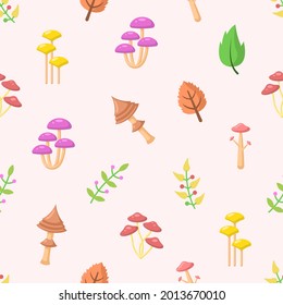 Seamless Pattern Abstract Elements Mushrooms Leaves Leaf Forest Vector Design Style Background Illustration Texture For Prints Textiles, Clothing, Gift Wrap, Wallpaper, Pastel