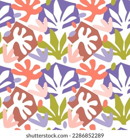 Seamless pattern with abstract elements resembling plant forms. inspired by Matisse. Green, blue, pink color. For the design of fabric, wrapping paper, wallpaper.