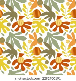 Seamless pattern with abstract elements resembling plant forms. Ovals and stripes. Green, gray, yellow color. For the design of fabric, wrapping paper, wallpaper.