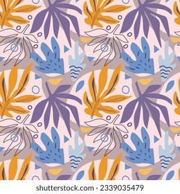 Seamless pattern with abstract elements resembling plant forms. Pink, blue, violet, orange color. For the design of fabric, wrapping paper, wallpaper.