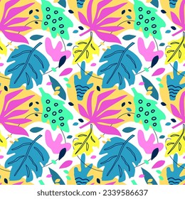 Seamless pattern with abstract elements resembling plant forms. Green, blue, purple, yellow color. Texture, dots, circles. For the design of fabric, wrapping paper, wallpaper.